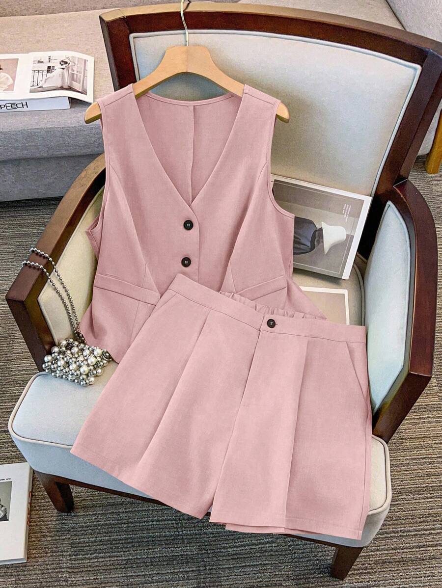 GlowEve CURVE Plus Size Summer Casual Plain Color Waistcoat & Shorts 2 Pieces Set - Pink - View 1