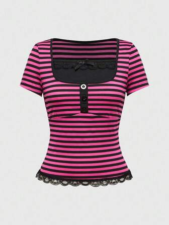 Fairycore Damen Y2K Vintage Stil 2 in 1 gestreiftes Kontrast Spitzenbesatz T-Shirt