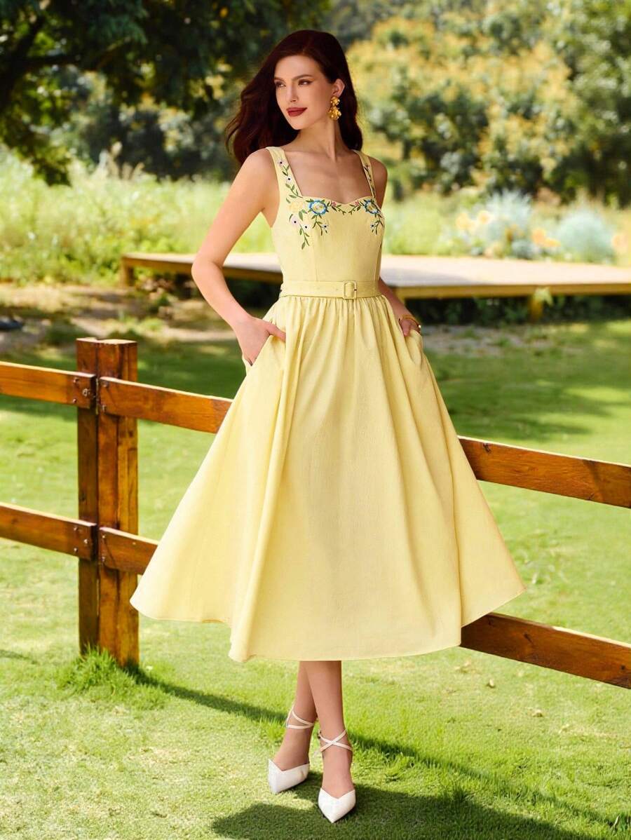 Vintamour 复古优雅女式刺绣碎花连衣裙，口袋腰带，休闲节日连衣裙，度假服装，女式婚礼宾客连衣裙，女式返校生日连衣裙，女式优雅生日连衣裙，女式度假服装，女式优雅连衣裙，返校服装，秋季女装，女式休闲连衣裙，度假连衣裙，秋季服装，女式教堂连衣裙，女式教堂服装，女式节日服装