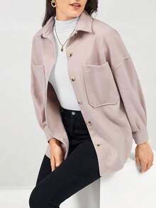 Miaspire 休闲纯色落肩口袋贴布大衣 - 杏色 - 查看 6