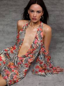 TypaGal Women's Beige Floral Animal Print Halter Mini Dress,Deep Plunge Neck Open Shoulder Boho Vacation Autumn Clothes,Summer Daring Beach Getaway Dress - Multicolor - View 5