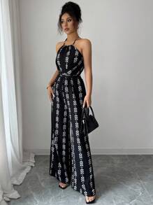 Rafferiza 女士优雅吊带扭纹交叉带松紧腰阔腿无袖连体裤 - 黑色 - 查看 5