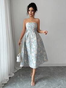 Elenzga Vestido de verano elegante de longitud media con estampado jacquard y escote bandera para mujer