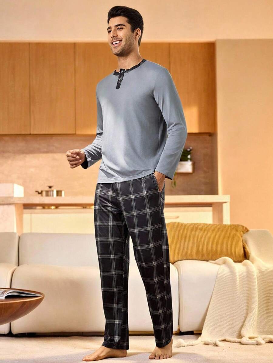 Bộ đồ ngủ dài tay và quần dài kẻ caro chắp vá cho nam, trang phục mùa thu - Màu xám đen - Xem 1