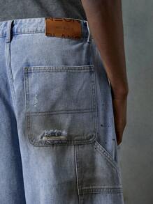 NEON BLANC Men's Washed Distressed Wide Leg Denim Shorts - Blue - View 6