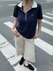 DAZY Women's New Small Collar Colorblock Short Sleeve POLO Shirt - Navy Blue - View 6