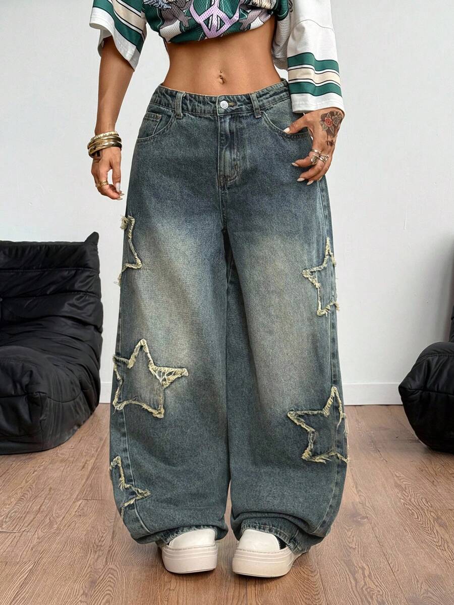 Coolane Quần Jeans Nữ Rapper Athleisure Grunge Star Pattern Washed - Màu xanh lam - Xem 1