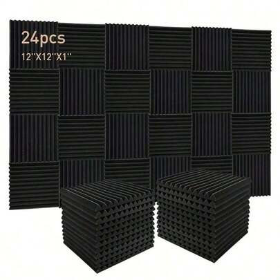 12 piezas Paneles acústicos negros de 24 piezas Pared Para estudio en casa, oficina, sala de grabación, reducción de ruido, fácil instalación, decoración estética de pared, absorción de sonido
