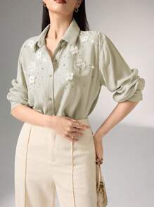 Heiryn Camisa elegante con decoración floral 3D y adorno de rhinestones para mujer - Gris - Ver 2