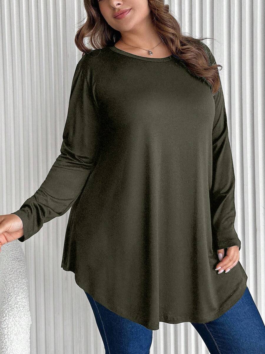 EURMUSE Plus Size Women's Solid Color Round Neck Long Sleeve Casual Loose T-Shirt - Army Green - View 1