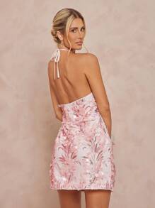 Lumalex Vestido corto con bajo asimétrico, bordado floral de lentejuelas y espalda descubierta para mujer