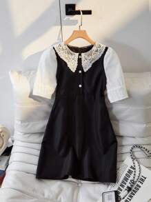 SHEIN Vestido holgado de línea A con mangas abullonadas, estilo collar, adecuado para salidas, vacaciones, vuelta al colegio, uso casual para niñas - Negro - Ver 1