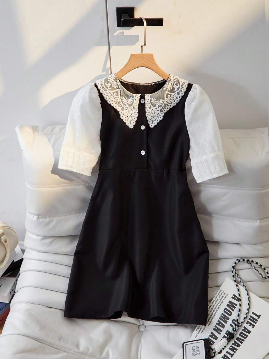 SHEIN Vestido holgado de línea A con mangas abullonadas, estilo collar, adecuado para salidas, vacaciones, vuelta al colegio, uso casual para niñas - Negro - Ver 1