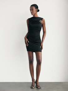 Maija Women's Black Ruched Sleeveless Dress,Metal Accent Round Neck Fitted Dress,Business Casual Office Wear,Old Money Style Urban Commuting Dress - Black - View 3