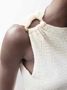 Maija 女士米色褶皱肩部金属装饰纽扣连衣裙，现代都市时尚修身圆领无袖不对称褶皱腰中长连衣裙，优雅女士办公室休闲装 - 杏色 - 查看 8