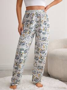 EURMUSE PLUS 女士棉质可爱卡通猫咪印花家居服舒适睡裤 - 彩色 - 查看 1