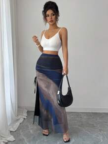 Selianne Váy bút chì dáng ôm in họa tiết tie-dye lưới cho nữ, xẻ tà, có dây rút - Màu xanh hải quân - Xem 5