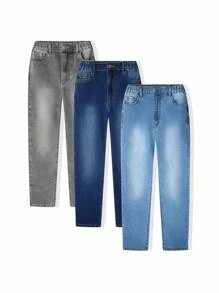 Denim Tween Boy Casual Daily Urban Street Style Elasticated Waist Zip Closure Denim Jeans Chic For Autumn/Winter - Multicolor - View 1