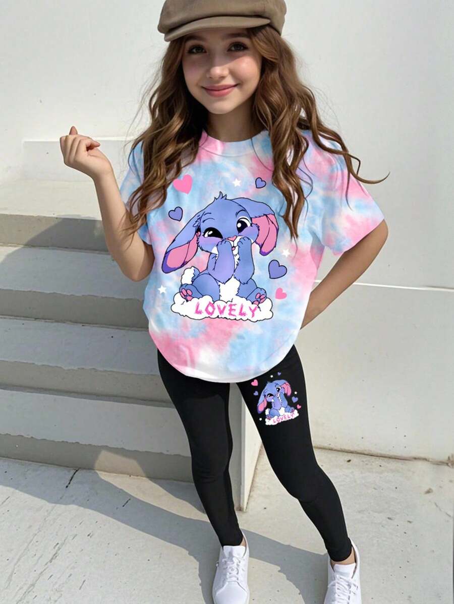 SHEIN 女童兩件套,可愛兔子圖案紮染T恤與內搭褲,紅黑配色,秋季,可愛,校園青少年女孩時尚兔卡通印花T恤秋冬款 - 彩色 - 查看 1