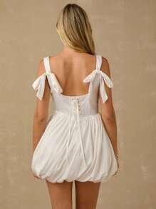 Enchnt Spring/Summer Romantic Women's White Square Neck Ruffle Hem Sleeveless Bowknot Back Strap Elegant Mini Dress, Fashionable For Summer - White - View 2