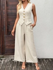 EMERY ROSE Damen Einfarbiger Weste & Hose Anzug Leinen Zwei-Teiler Set Sommer Hosenanzug Damen Leinen Sommer Set Gestreiftes Leinen Set Leinen Weste und Hose Set für Herbst/Winter