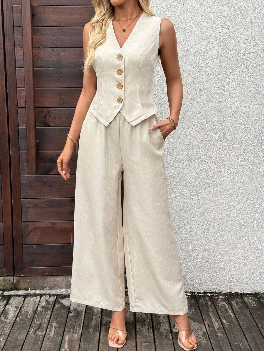 EMERY ROSE Damen Einfarbiger Weste & Hose Anzug Leinen Zwei-Teiler Set Sommer Hosenanzug Damen Leinen Sommer Set Gestreiftes Leinen Set Leinen Weste und Hose Set für Herbst/Winter