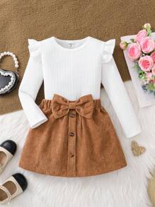 SHEIN Elladie kids 女童两件套 - 纯色长袖T恤和裙子，女童秋季服装，秋季连衣裙，灯芯绒裙子，女童荷叶边袖上衣，女童冬季服装 - 棕色 - 查看 3