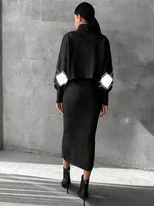 EURMUSE 2pcs/set Plaid Sweater And Solid Color Dress Outfit - Black - View 2