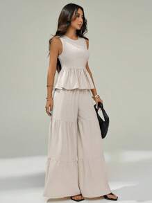 SHEIN PETITE 2 件套女士纯色圆领荷叶边下摆无袖衬衫和阔腿裤时尚服装