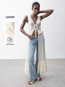 Maija Women's Apricot Summer Apparel, V-Neck Front Tie Ruffle Textured Embroidered Floral Fabric, Double Ruffle Hemline Tie Waist Sleeveless Elegant Fashionable Sexy Minimalist Bohemian Hawaiian Beach Resort Style Long Tank Top - Apricot - View 1