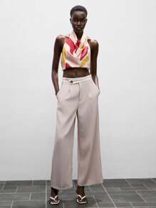 Lumivelle Old Money Style Women Elegant Modern Contrast Color Asymmetrical Waistband Wide Leg Pants Casual Spring For University - Khaki - View 4