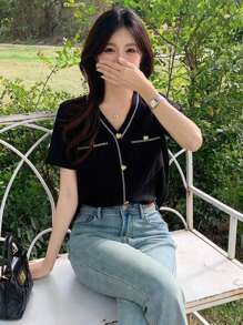 DAZY 女士短袖单排扣 V 领撞色休闲针织上衣夏季 - 黑色 - 查看 3