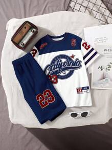 SHEIN 男童休闲时尚加州23号字母印花短袖T恤和短裤套装 - 彩色 - 查看 3