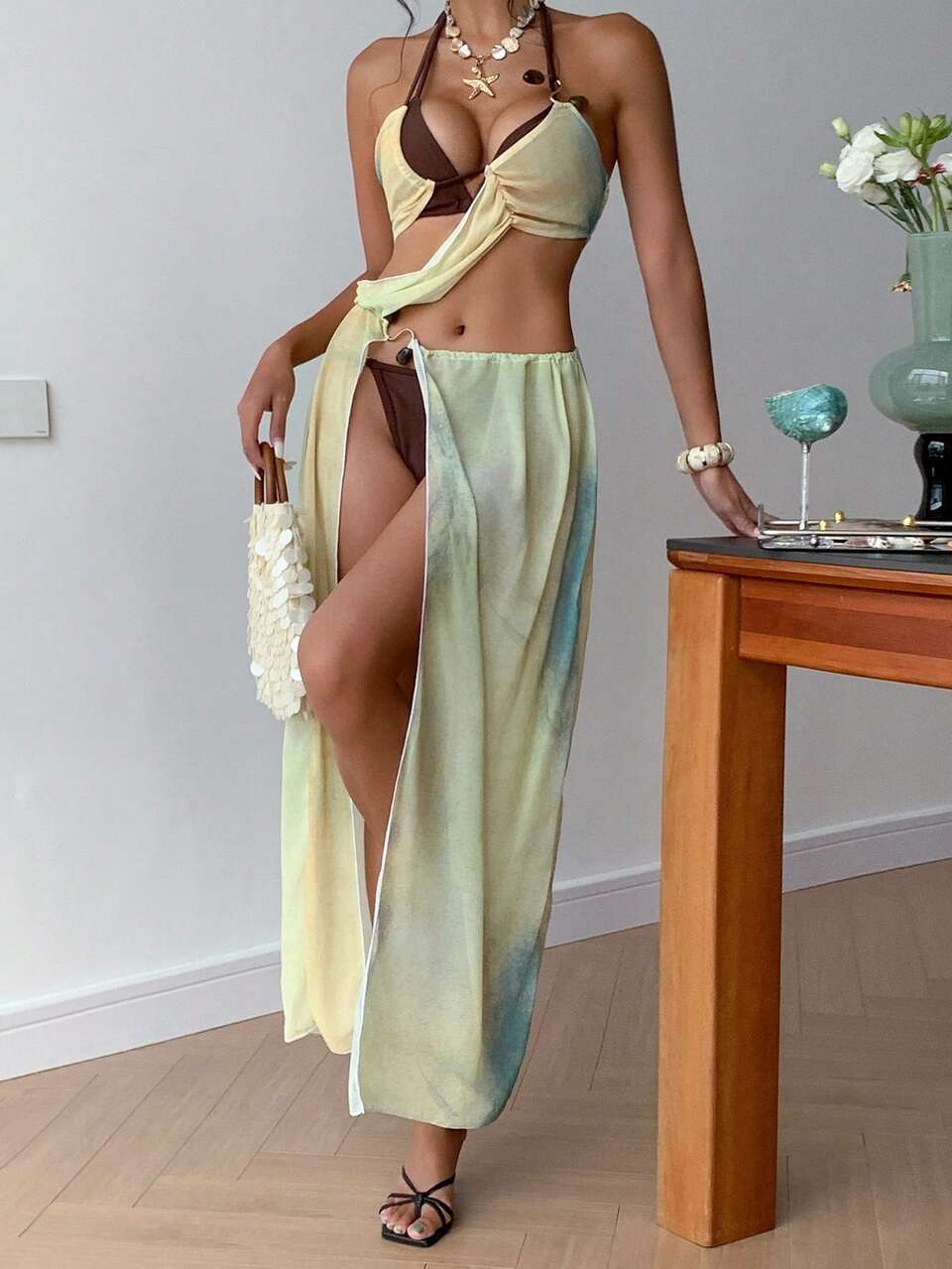 3pcs/Set Women Solid Color Sexy Halter Bikini Top, Bottoms & Cover Up Dress Cruise Outfit For Women