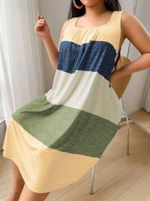 SHEIN Colorful Striped Print Plus Size Casual Nightgown, Moo Moo - Yellow - View 4