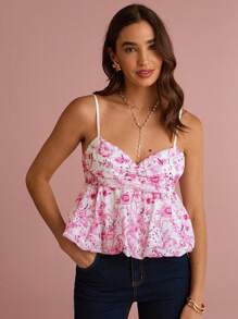 Enchnt Fall/Winter Romantic Women's Pink Floral Embroidery Print Ruffle Hem Cami Top, Fashionable For Vacation, Sweet & Elegant For Vacation & Date & Holiday & Birthday & Party & Graduation & Wedding Guest & Office & Going Out, Prom,Fall Top For Women,Fall,Back To School,Elegant Top For Party - Pink - View 4