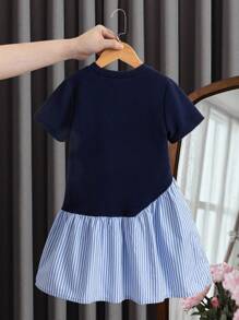 Young Girl Bow Decor Stripe Ruffle Hem Short Sleeve Casual Dress Navy Blue Dress For Girls Blue And White Striped Dress For Girls Girls Dress With Bows Kids Summer Dress Cotton Dress For Girls - Multicolor - View 2