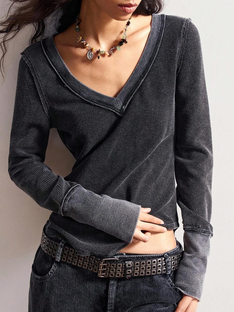 Bohemela 女士休闲纯色V领长袖针织上衣，波西米亚音乐节，秋冬 - 黑色 - 查看 1