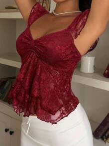 SHEIN EZwear 1pc Women's Burgundy Lace Ruffle Hem Sweet-Heart Collar Puff Sleeve Elegant T-Shirt - Burgundy - View 4