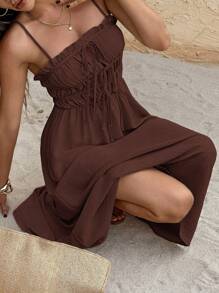 SHEIN Frenchy 女士纯色褶饰前系带口袋中长连衣裙度假风 - 棕色 - 查看 4