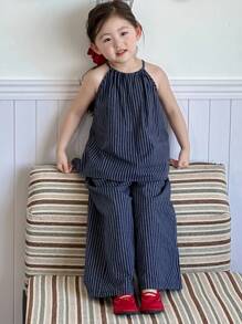 Dazy Kids 韩版少女吊带条纹休闲无袖背心和宽松阔腿牛仔裤两件套