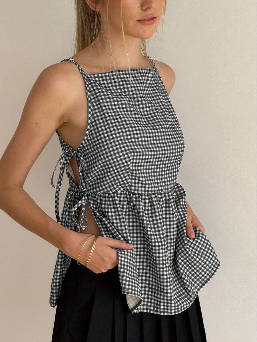 Jouncy 女式休闲格子侧开衩系带吊带背心，夏季 - 黑色 - 查看 1