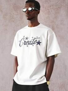 Manfinity EMRG Men's Casual Round Neck Short Sleeve T-Shirt With Letter And Pentagram Print, Summer , Men Graphic T-Shirts , Oversized Graphic Tees - White - View 3