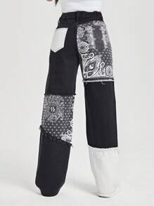 SHEIN ICON 大码女式腰果图案口袋直筒宽松牛仔裤 - 藍色 - 查看 2