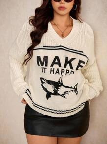 Elaquor Plus Size Women English Letter Print V-Neck Long Sleeve Casual Sweater In Fall/Winter - White - View 6