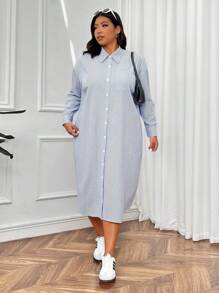 SHEIN EZwear Plus Size Front Button Pocket Striped Shirt Dress Plus Size Shirt Dress - Blue and White - View 3