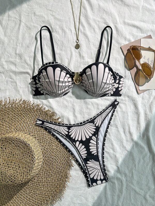 SHEIN Random Shell Print Underwire Push Up Removable Padded Camisole & High Cut Shorts Women Summer Beach Vacation Casual Tankini Set