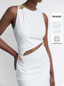 Maija Women's White Hollow-Out Design Dress, Versatile City Casual Modish Fashion, Comfortable Fitted With Front Split Cutout Minimalist Round Neck Sleeveless Business/Office Attire, Low-Key Elegant Urban Commuter Style, Match For Magazine Editor Pick, Social Events & Vacation Business Casual Women's Wear, Office Wear, Low-Key Old Money Style, Effortless Temperament, High-End Urban Commuting, The Same Style As The Editor-In-Chief Of The Magazine, Urban Social Vacation Party Wear, Charming, Low-Key And Durable Basic Style, Versatile And Not Picky Clothing, Street Fashion Wear, Clothing, Coffee Shop, Relaxed Wear,Business Casual Woman - White - View 1