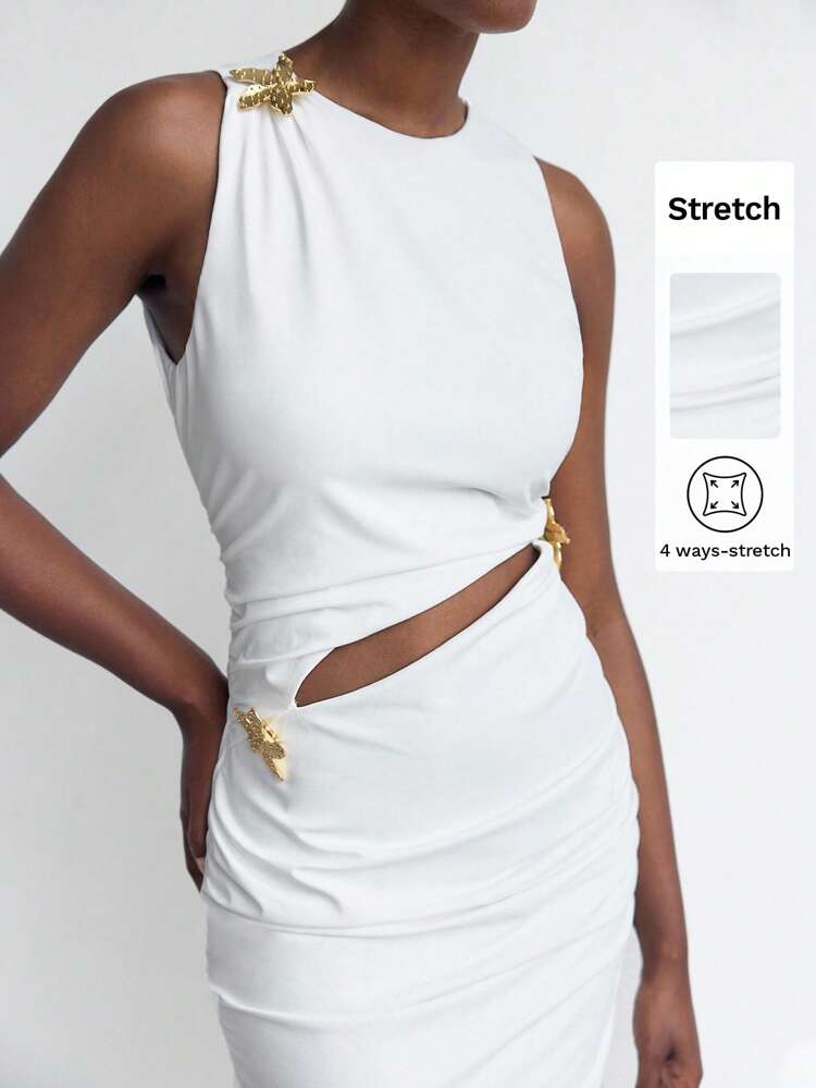 SHEIN Maija 여성 화이트 홀로우 아웃 디자인 드레스, 다재다능한 도시 캐주얼 모던 패션, 편안하고 잘 맞는 전면 분할 커팅 미니멀리스트 라운드 넥 민소매 비즈니스/사무실 의상, 저키 우아한 도시 통근 스타일, 매거진 편집장 추천, 소셜 이벤트 및 휴가용