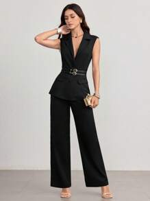 Modelyn 女士两件套：无袖束腰上衣和阔腿裤 - 黑色 - 查看 6